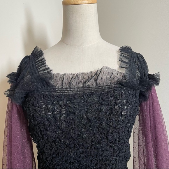 Free People Women’s Plum/Black - SZ L - Smocked Sheer Long Puff Sleeve Top - Picture 6 of 16